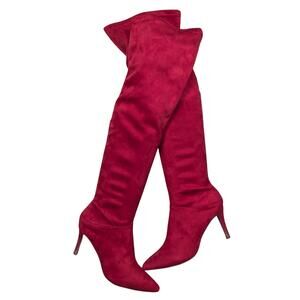 ROUGE HELIUM! RUBY RED FAUX SUEDE MICROFIBER OVER THE KNEE STILETTO BOOTS! SZ 10